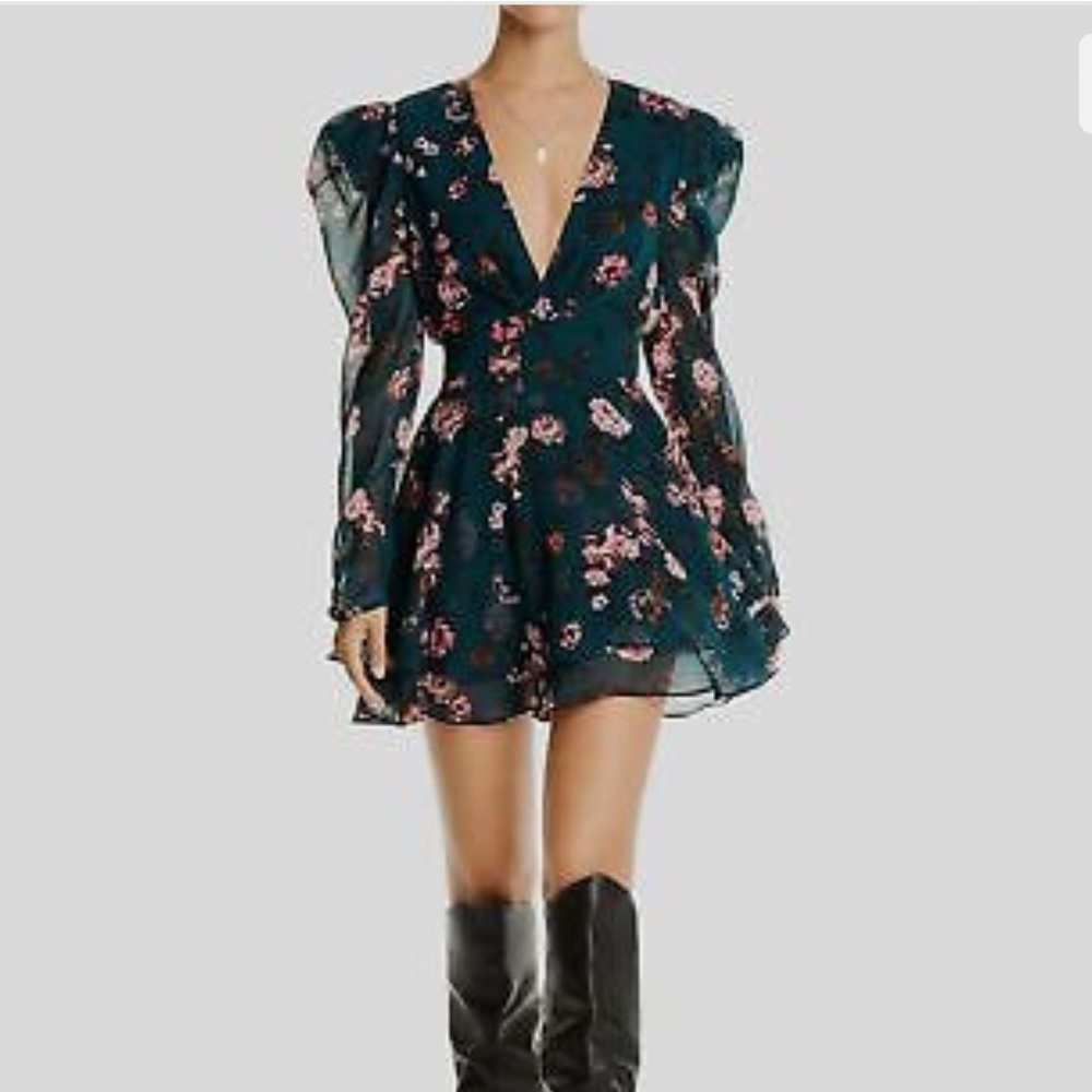 Vintage Green Womens Puff Sleeve Floral Dress